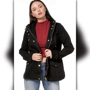 A321-B • Black Hooded Utility Jacket Lightweight Snap Zip Coat